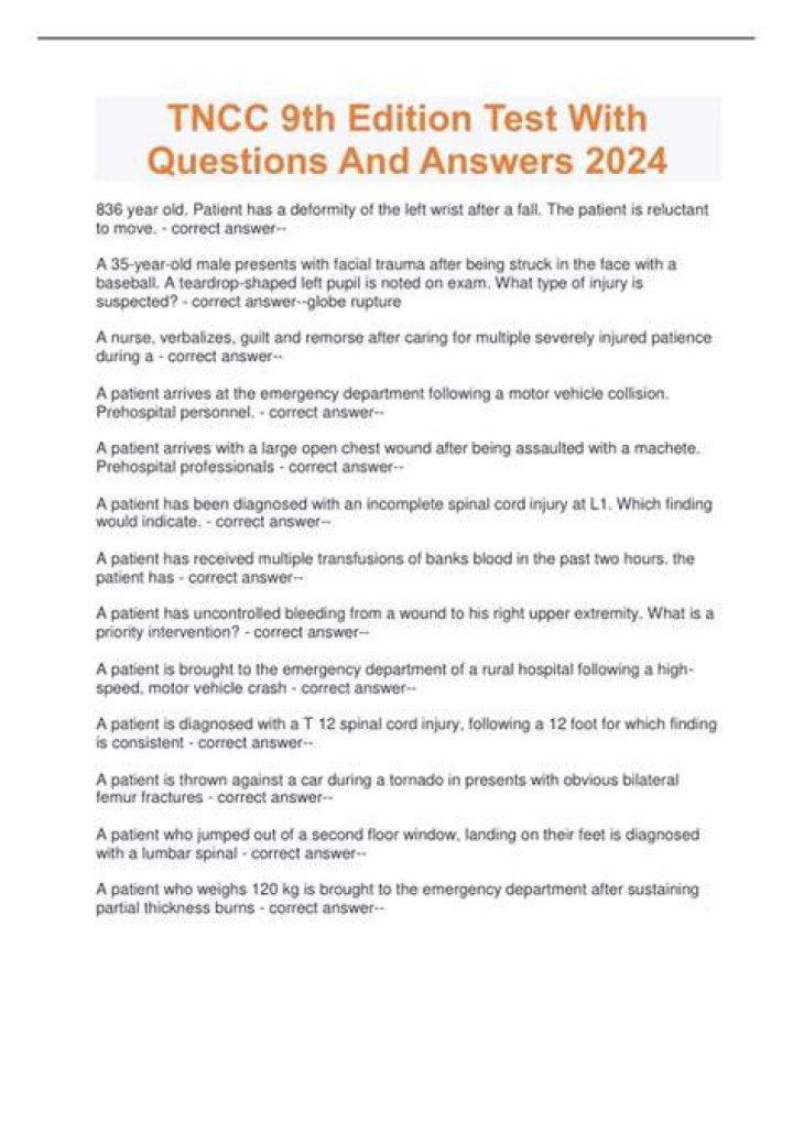 TNCC 9th Edition Questions and Answers 100 Pass Latest 2023/24